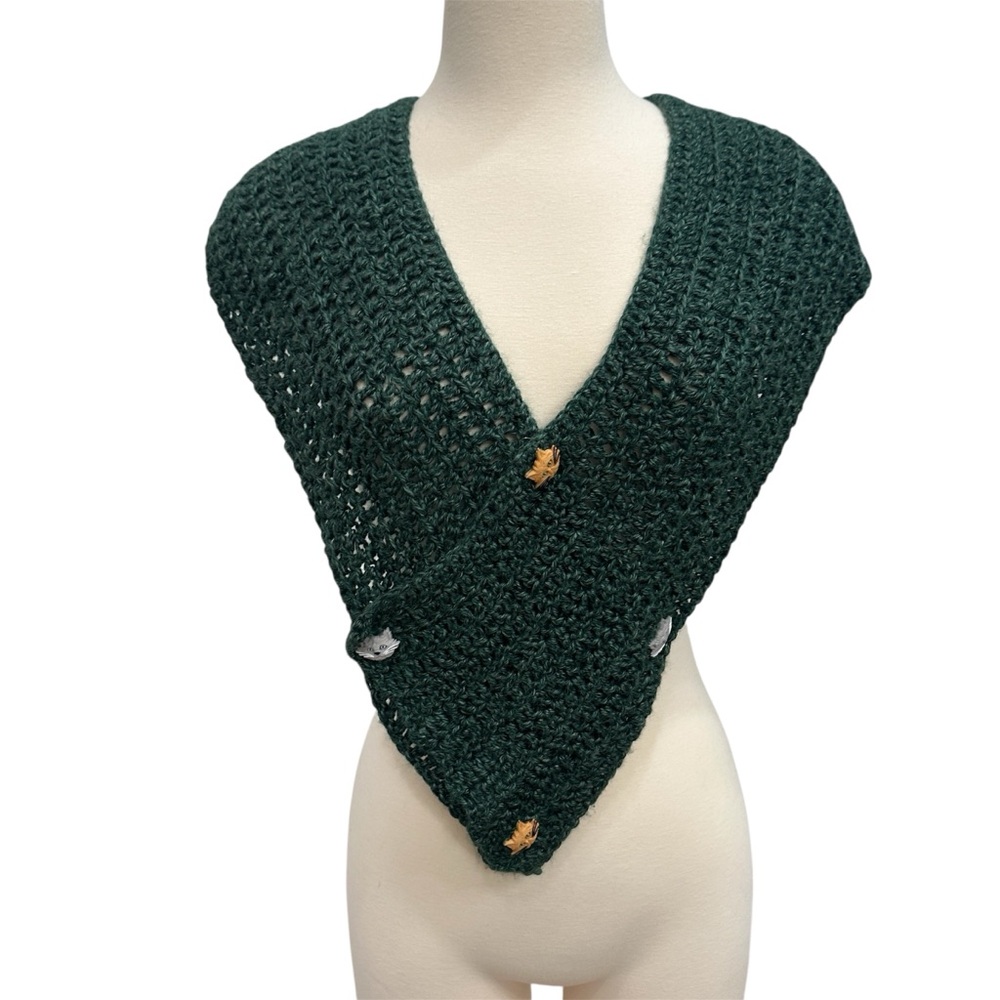 Handcrafted Cat Shawl Hunter Green Kitty Cat Buttons Knitted Crochet